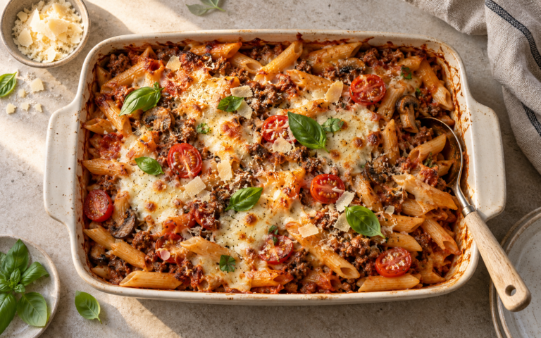 Pastagrateng med kjøttdeig, tomatsaus og smeltet ost