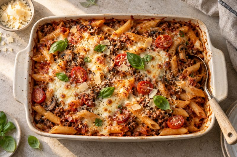 Pastagrateng med kjøttdeig og ost