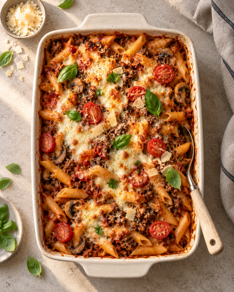 Pastagrateng med kjøttdeig, tomatsaus og smeltet ost