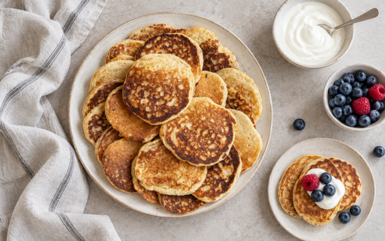 Proteinrike lapper med cottage cheese og kefir servert med yoghurt og bær