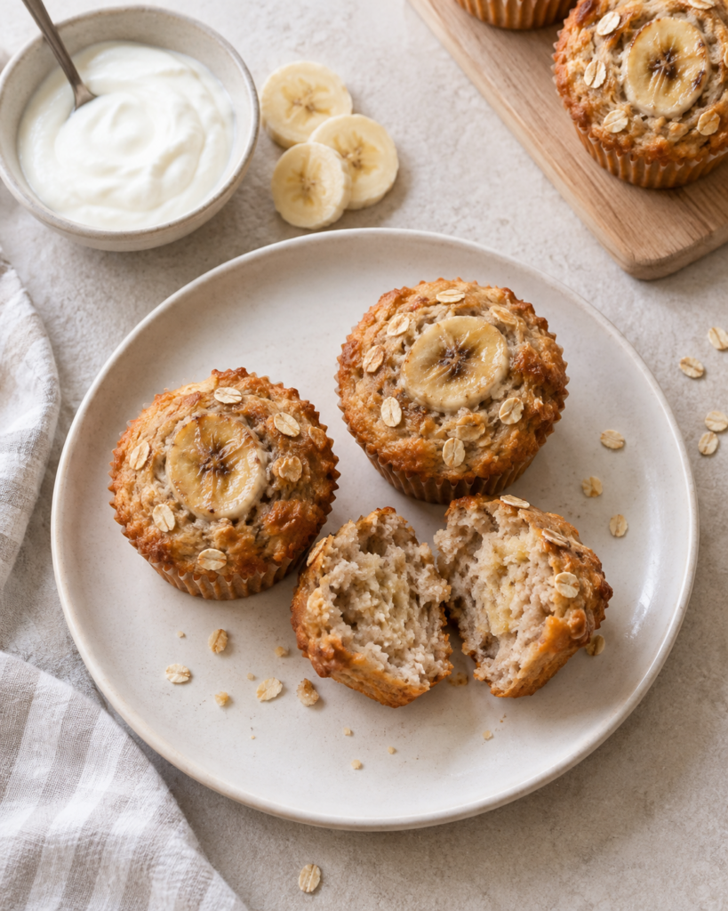 Saftige bananmuffins med havregryn, yoghurt og banan