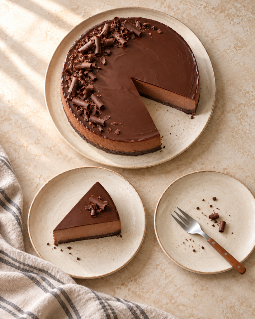 Sjokoladeostekake med mørk sjokolade og ganache
