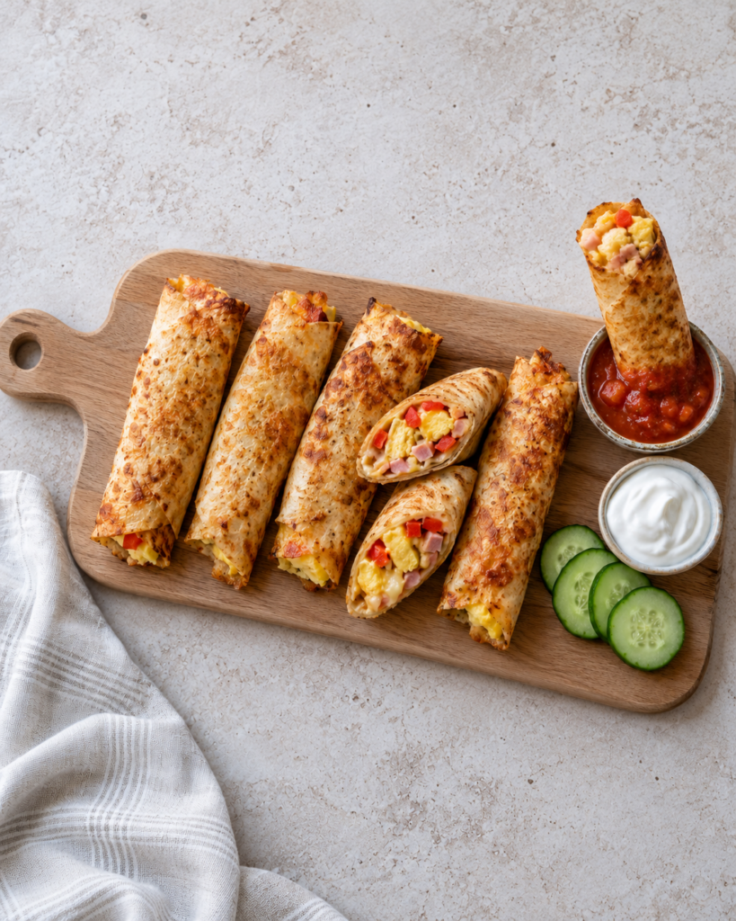 Sprø frokost-taquitos med eggerøre, skinke og ost