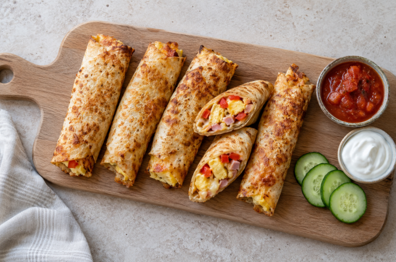 Sprø frokost-taquitos med eggerøre, skinke og ost