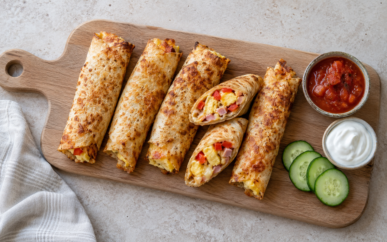 Sprø frokost-taquitos med eggerøre, skinke og ost