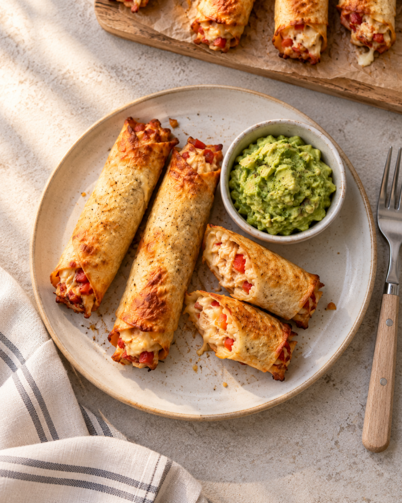Sprø taquitos med kremet kylling og guacamole
