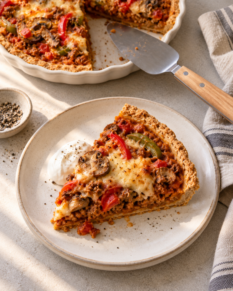 Stykke kjøttdeigpai med rød pesto, paprika og ost